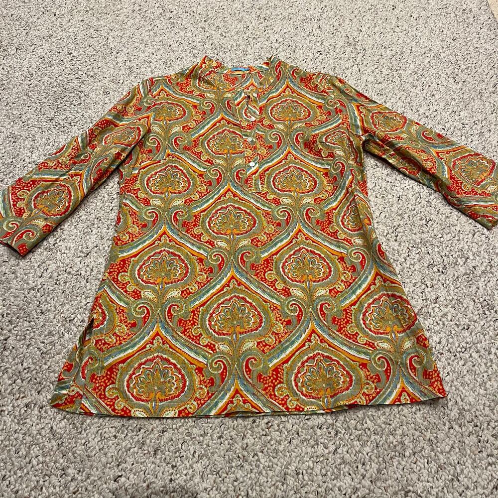 J McLaughlin Paisley Print Tunic Top Sz L Cotton Lightweight Preppy Resortwear